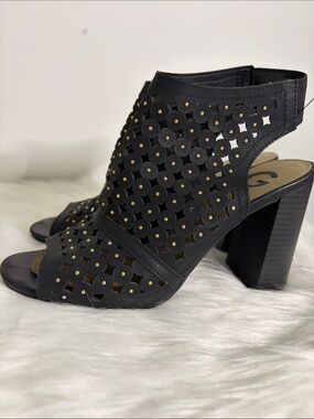 G by GUESS Black Laser Cut Studded Block Heel Sandals Size 8M